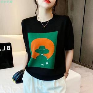 Suéter de Punto de Seda Helada para Mujer, Cuello Redondo, Holgado, de Media Manga, Transpirable, de Secado Rápido, Informal, para Exteriores, Verano 2024 - Product Image 1