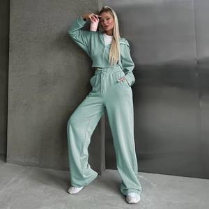 Femmes décontracté 2 pièces ensemble couleur unie à manches longues fermeture éclair Cardigan à capuche élastique pantalon automne sport Spandex/coton confortable - Product Image 4