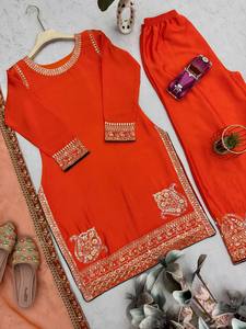 Ensemble Salwar Kameez Sharara indien pakistanais, lourd, deux tons, satin Fendy, coupe ajustée, pour les fêtes d'été, les mariages, vêtements pour femmes - Product Image 4