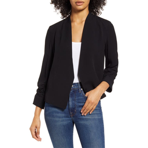 เสื้อเบลเซอร์เปิดด้านหน้าขนาดกลาง สีดำ ผ้าทอลายฮาโลเจน ตัดเย็บแบบยาว พร้อมตกแต่งกระดุมและลายปัก - Product Image 1