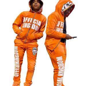 Custom Adult Graphic Streetwear <b>Men</b> Track Suit Orange Full Zip Hoodie and <b>Joggers</b> Hip Hop Style Outfit Distressed Embroidery - Product Image 1