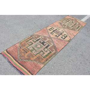 Tapis Vintage en Laine Turque 3 X 9,8ft Rose Vert Surdimensionné Plat Tissage Patchwork Motif 10mm pour Décorations de Salon - Product Image 2