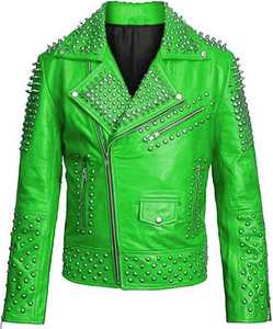 Custom Eco-Friendly Waterproof High Street Style Silver <b>Studded</b> Genuine Leather Jacket Green Color <b>Men</b> Handmade Punk Spike - Product Image 1