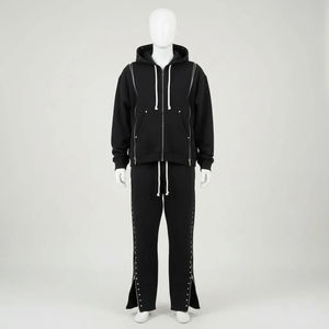 Ensemble de survêtement de haute qualité personnalisé pour l'hiver, streetwear, triple fermeture éclair, survêtement hip hop, rivets, pantalon de survêtement évasé, ensemble pour hommes, strass - Product Image 6