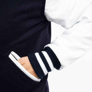 Women's Varsity <b>Jacket</b> Navy Body White Sleeves Contrast Stripes Full Sleeve Turn-down Collar Regular Length Autumn Wear - Product Image 5