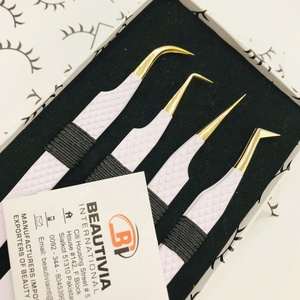 Pinzas profesionales de Extensión de pestañas de acero inoxidable con agarre de diamante de alta calidad, fibra puntiaguda de oro blanco sostenible al por mayor - Product Image 4