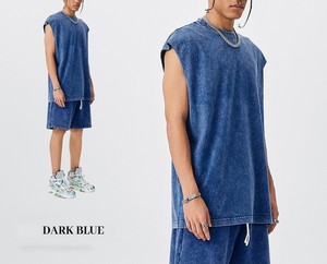 Unisex Summer Two Piece Set Custom Men's Sleeveless Tshirt Tank Top & Acid Wash Shorts Distressed 100% Cotton Knitted <b>Fabric</b> - Product Image 5