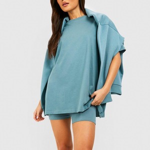 Ensemble de shorts en molleton de coton pour femmes 2026, t-shirt et short à coupe ample personnalisés, taille mi-haute, ensemble de deux pièces pour l'entraînement athlétique - Product Image 3