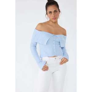 Haut en tricot à épaules dénudées pour femme avec col à nœud, décontracté, détail boutonné, respirant, motif imprimé fin pour la saison automne/hiver - Product Image 3