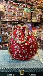 Designer Bottom Flat Ethnic Jaipuri Silk Indian Wedding Thread Work Leaf Vein Design on Silk <b>Potli</b> Wedding Favour Gift - Product Image 3