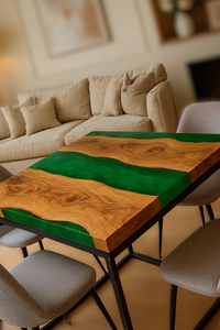 Plateau de table carré de luxe moderne en résine verte avec dessus en bois d'acacia massif, design rivière élégant, boîte de rangement polyvalente pour vaisselle - Product Image 4