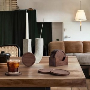 Dessous de verre en noyer Dessous de verre en bois avec support et ensemble de bâtons de café en bois Sous-verres en bois naturel de qualité supérieure pour boissons chaudes et froides - Product Image 5