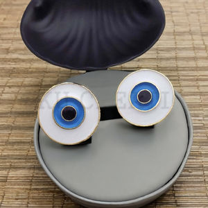 Pendientes de botón de esmalte de ojo protector redondos chapados en oro para mujer hechos a mano, joyería de latón con ajuste de bisel, tipo religioso cristiano - Product Image 4