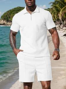 Ensemble polo décontracté pour homme, été, texture gaufrée, chemise à manches courtes et pantalon uni, confortable et élégant - Product Image 3