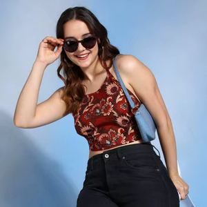 Chemise sans dos en coton à imprimé floral pour femmes, pour un usage décontracté, taille unique, couleur marron, col rond, confortable - Product Image 1