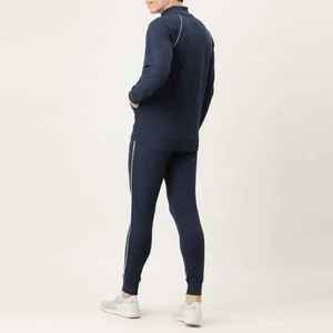 <b>Men's</b> Luxury 100% Cotton Navy Blue Tracksuit <b>White</b> Piping High-Street Slim Fit Premium <b>Jogger</b> Set - Product Image 2