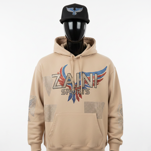 Sweat à capuche pour homme en coton mélangé lourd, molleton 320 GSM, beige neutre, logo en cristal thermocollé, streetwear, sweat-shirts basiques pour homme - Product Image 6