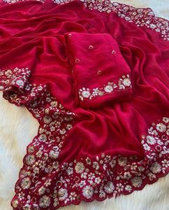 Élégant traditionnel SOFT CRUSH SOIE rouge Sari pour la nouvelle fête de mariage tenue de mariage avec chemisier fantaisie à la mode les femmes les plus vendues - Product Image 4