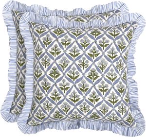 Housse de coussin en coton 600TC tissée à la main, écologique, motif floral bleu géométrique, avec volants, pour canapé, style occidental - Product Image 1
