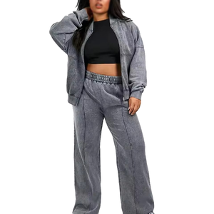 Ensemble de survêtement gris grande taille pour femme, coupe décontractée, sweat-shirt et pantalon à fermeture éclair intégrale, couleur unie, respirant, 100% coton - Product Image 1