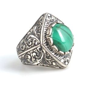 925 <b>Sterling</b> <b>Silver</b> Men's <b>Ring</b> with Natural Stone Bezel <b>Set</b> Engraved Malachite Gemstone Everyday Wear Jewelry - Product Image 1