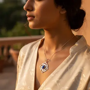 Collar de Plata 925 con Lapislázuli, Bañado en Rodio, Oro Blanco, con Piedras Preciosas, Estilo Religioso para Mujer, Amuleto con Patrón Numérico - Product Image 3