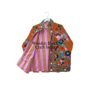 Women's Handmade Short Autumn Winter <b>Jacket</b> Multi-Colour Suzani Stripe Embroidered Design Woven Cotton Fabric <b>Quilted</b> Breathable - Product Image 4