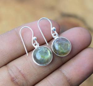 Étincelant Naturel Doré Flashy Labradorite 10mm Cabochon Rond Solide 925 Argent Sterling Lunette Réglage Dangle Drop Boucle D'oreille - Product Image 1