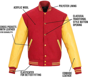 Custom Manufacturer High Quality Vintage Winter and Fall Men's Leather Baseball Letterman Varsity Jackets Red And Yellow Colour - Product Image 1