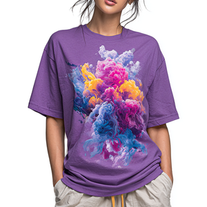 Oversize Color Blot Art Impreso Algodón Púrpura Cuello redondo Hombro caído Media manga Street Outfit Camiseta para damas - Product Image 1