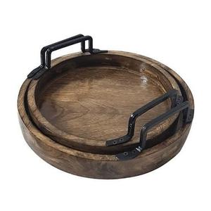 ถาดไม้กระถินเทศสำหรับเสิร์ฟอาหาร พร้อมหูจับโลหะ ดีไซน์โบราณ ปลอดภัยสำหรับอาหาร เหมาะสำหรับเสิร์ฟสเต็ก ใช้ในบ้าน โรงแรม ครัว - Product Image 1
