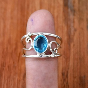Bague Topaze Bleue En Argent Sterling 925 Ovale Coupe Pierre Double Bande Designer Pierre De Naissance Bague De Mariage Cadeau pour les Femmes - Product Image 3