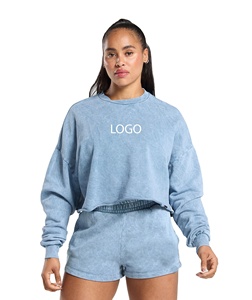 Jersey de cuello redondo sólido lavado de felpa francesa de algodón 100% para mujer Sudadera con logotipo personalizado 450GSM Cropped Boxy Drop Shoulder Hoodie - Product Image 1
