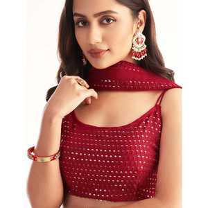 Lehenga Choli de Diseñador en Georgette con Dupatta, Color Rojo con Lentejuelas, para Vestimenta de Boda - Product Image 4