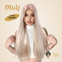 SOLDES EXCEPTIONNELLES : Perruque Synthétique Sans Colle Aisha-DWY T Part Lace Front pour Femme, 28 Pouces de Long, Couleur Rose Blond, Dentelle Transparente