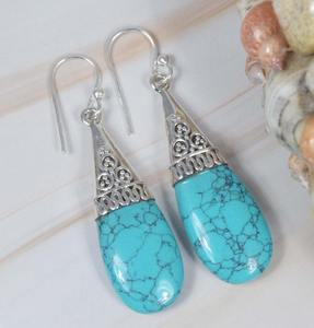 Boucles d'oreilles en cuivre Turquoise 925 argent Sterling pierre précieuse crochet boucle d'oreille décembre pierre de naissance bijoux faits à la main poire forme cadeau pour elle - Product Image 4