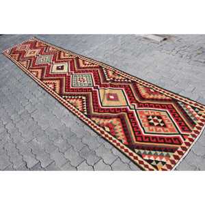 3.2x15.3 ft Rug, Turkish Vintage <b>Runner</b> Rug, <b>Red</b> Kilim Wool Rug - Product Image 2