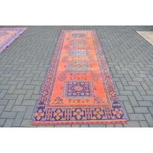 Turkish Rug, <b>Runner</b> 3.8x11.2 ft Vintage Rug, <b>Red</b> Blue Persian Wool Rug - Product Image 1