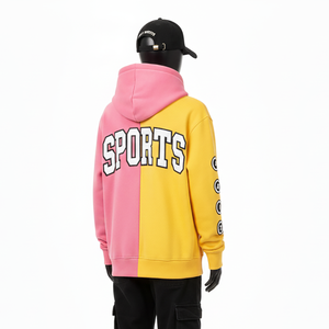 Sweat à capuche zippé premium pour femme, 320 GSM, coton et polyester polaire, panneaux bicolores rose et jaune, logo personnalisé, sweat à capuche zippé basique - Product Image 5