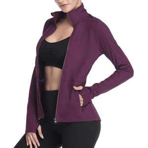 Chaqueta de yoga OEM personalizada para mujer, top deportivo de manga larga con cordón, orificios para los pulgares, transpirable, sin costuras, diseño de cremallera completa, sólido, de 2 piezas - Product Image 4
