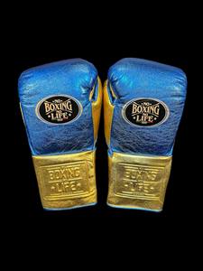 Custom Metallic Blue and Gold No Boxing No Life Guantes de boxeo con cordones Profesional Mexicano Hecho a mano Cuero Entrenamiento y combate - Product Image 4