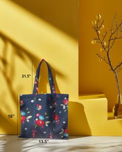 Bolsa de Mano de Algodón Estampada con Diseño Floral Azul Marino, Ecológica, Reutilizable, Ligera y Duradera para Compras Diarias - Product Image 2