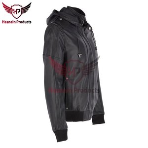 Blouson Bomber Homme en Cuir Véritable Noir avec Capuche, Épaulettes en Cuir de Vachette, Bordure en Tricot Côtelé, Vêtement d'Extérieur Classique Personnalisé Chaud pour l'Hiver - Product Image 4