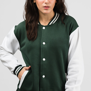 Veste universitaire pour femmes de qualité supérieure, couleur verte tendance, taille plus, logo personnalisé, laine d'hiver, teinture unie, nylon écologique, coupe-vent - Product Image 2
