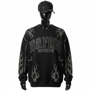 <b>Men</b> Oversize Sweatshirt Luxury GSM Heavy Cotton <b>Fleece</b> <b>Black</b> Crystal Hotfix Flame Design Custom Logo Basics Oversize Sweatshirts - Product Image 1