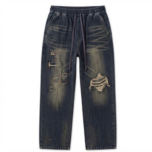 Pantalon déchiré pour homme avec cordon de serrage à la taille, en coton délavé, coupe décontractée, style streetwear, pour tous les jours - Product Image 1