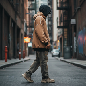 Sweat-shirt à capuche surdimensionné à double couche, style streetwear pour homme, hiver, noir et tan contrastés, impression numérique - Product Image 3