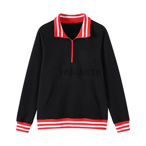 Sudadera de Hombre con Cuello Redondo y Cierre de Cremallera de un Cuarto, Color Negro, con Rayas Rojas en los Puños, Estilo Casual de Invierno, Bordada - Product Image 3