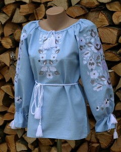 Top con bordado Floral y manga de globo para mujer, Top con cuello redondo con borlas para chicas - Product Image 3