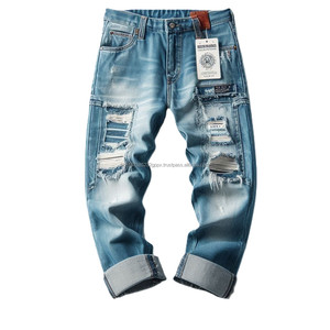 Vaqueros de mezclilla desgastados sostenibles de primera calidad, pantalones vaqueros de fiesta de moda lavables con patrón sólido, lavado rasgado y destruido - Product Image 1
